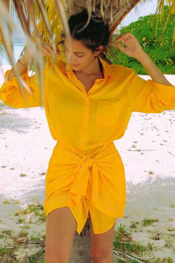 Ituvana Embroidered Yellow Sarong Shirt Dress 