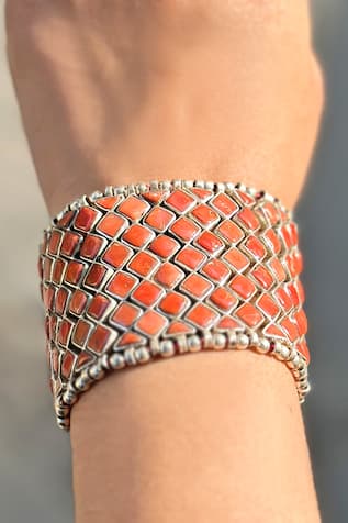 Coral Jaal Embellished Silver Bracelet 