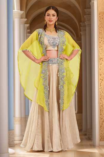 Prisho Botanical Thread Embroidered Cape & Lehenga Set 