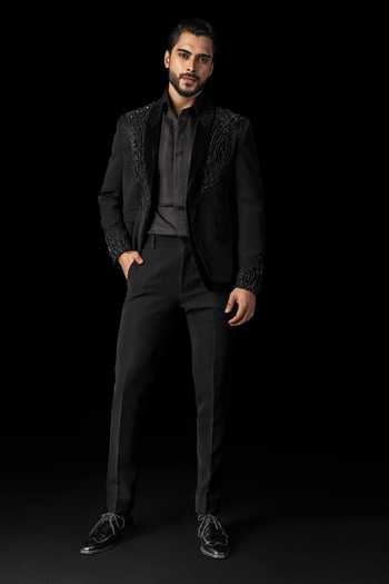 PAARSH Black 3D Floral Embroidered Tuxedo Set 