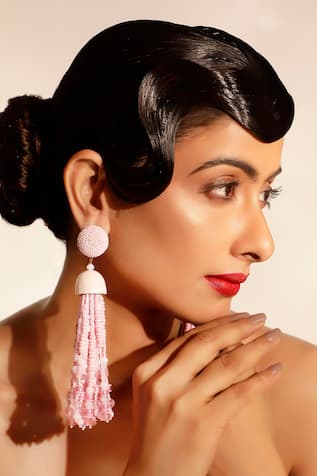 Pink Bead Embellished Long Tassel Earrings 