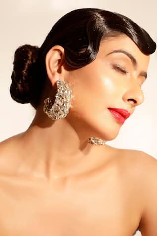 Gold Crystal Embellished Half Hoop Earrings 