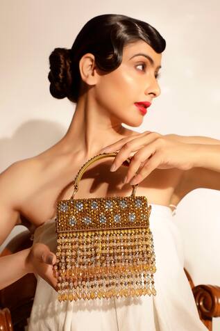 Gold Waterfall Fringe Box Clutch 