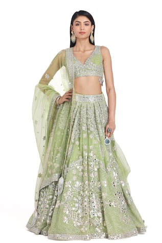 Floral Mirror Embroidered Lehenga Set 
