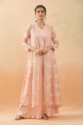 Floral Embroidered Peach Jacket Pant Set 
