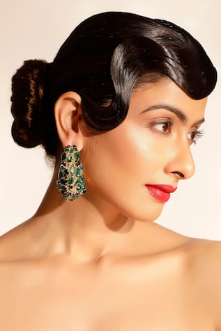 Green Crystal Embellished Half Hoop Earrings 