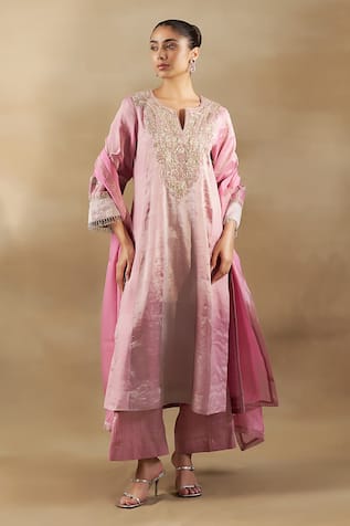 Shalkii Floral Embroidered Pink Kurta Palazzo Set 