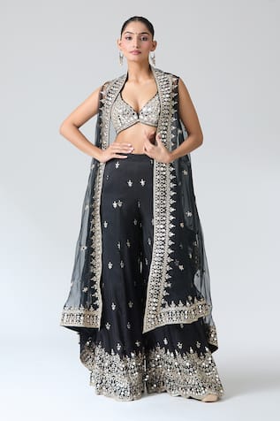 Gopi Vaid Black Mirror Work Cape Pant Set 