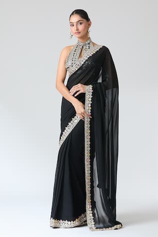 Gopi Vaid Black Mirror Embroidered Saree With Blouse 