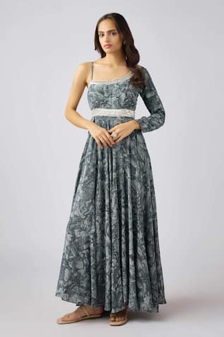 Grey Floral Print Anarkali Set 