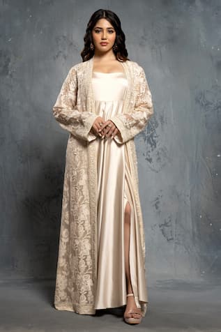 Beige Pleated Gown & Floral Embroidered Jacket 