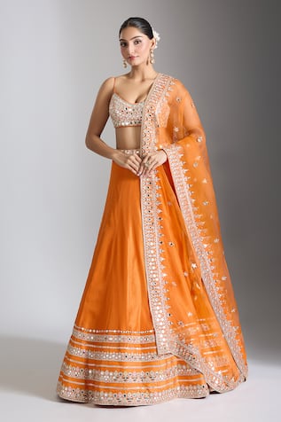 Gopi Vaid Mirror Embellished Orange Lehenga Set 