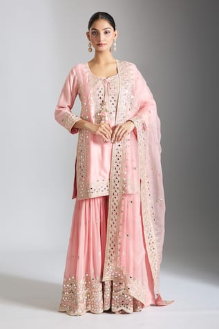 Gopi Vaid Mirror Embellished Pink Sharara Set 