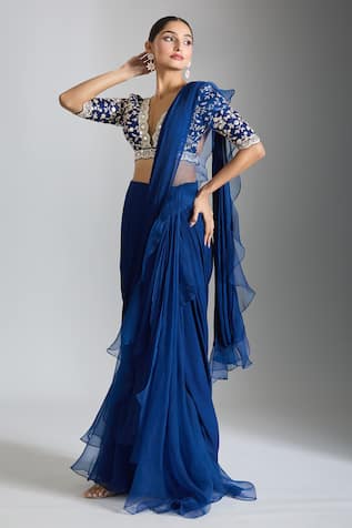 Gopi Vaid Layered Ruffle Pre-Draped Saree & Embroidered Blouse 