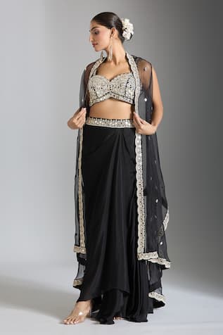 Gopi Vaid Black Mirror Work Cape Draped Skirt Set 