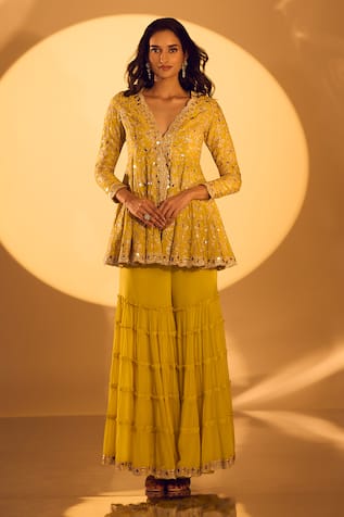 Gopi Vaid Mirror Embroidered Peplum Kurta & Sharara Set 