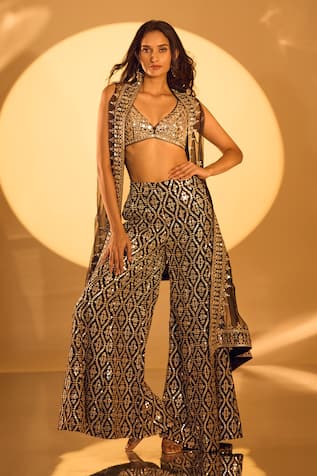 Gopi Vaid Black Embroidered Cape & Flared Pant Set 