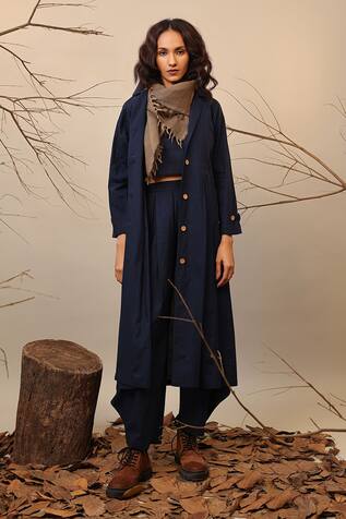 MATI Blue Trench Jacket & Cowl Pant Set 