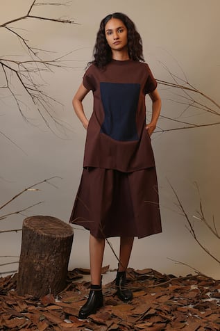 Brown Color Block Midi Dress 
