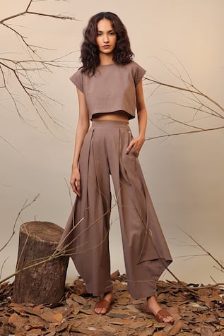 MATI Beige Solid Crop Top & Cowl Pant Set 