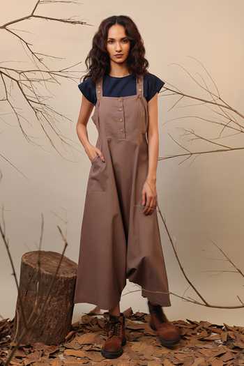 MATI Beige Solid Flared Dungaree 