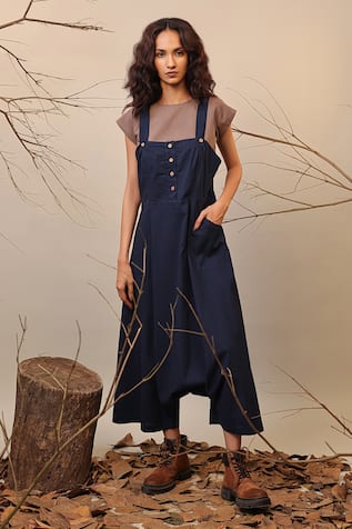 Mati Blue Solid Flared Dungaree 