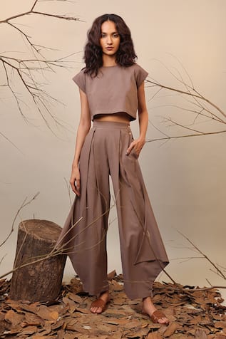 MATI Beige Box Pleated Cowl Pant 