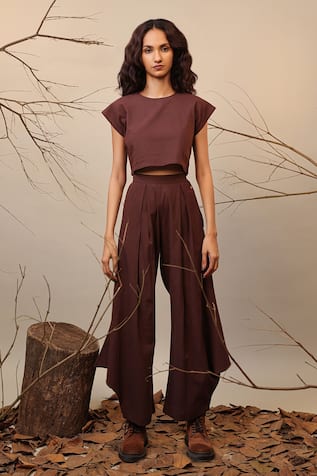 MATI Brown Box Pleated Cowl Pant 