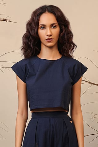 MATI Blue Solid Raglan Crop Top 