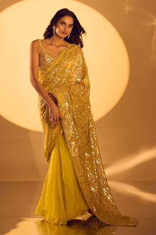 Gopi Vaid Mirror Embroidered Yellow Saree Set 