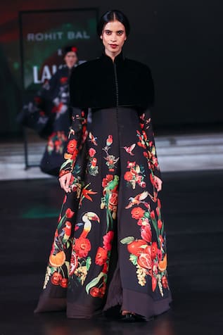 Rohit Bal Floral Tropical Print Quilted Cape Long Jacket 