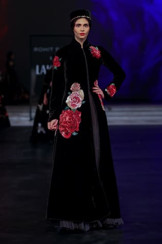 Rohit Bal Velvet Gradient Rosette Embroidered Long Jacket 