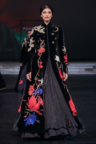 Rohit Bal Velvet Floral Vine Embroidered Long Jacket 