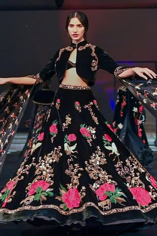 Rohit Bal Velvet Nature Embroidered Lehenga Cropped Jacket Set 