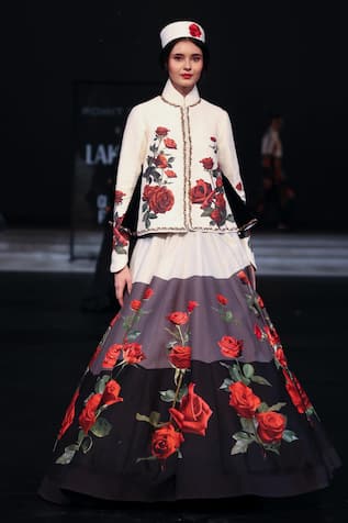 Rohit Bal Rose Print Quilted Short Jacket With Color Block Skirt 