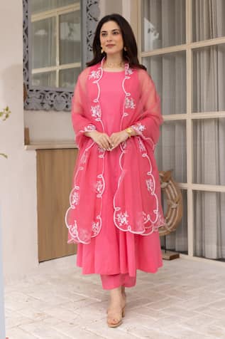 ASRUMO Pink Anarkali Set With Embroidered Dupatta 