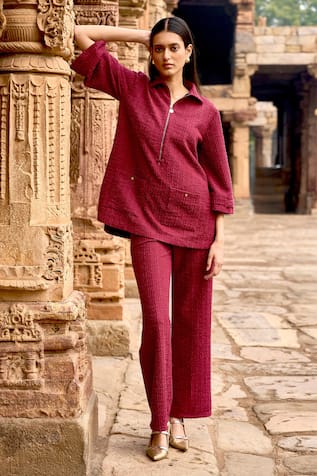 Textured Knit Collared Top & Pant Set 