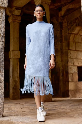 Dash and Dot Textured Knit Fringe Midi Dress 