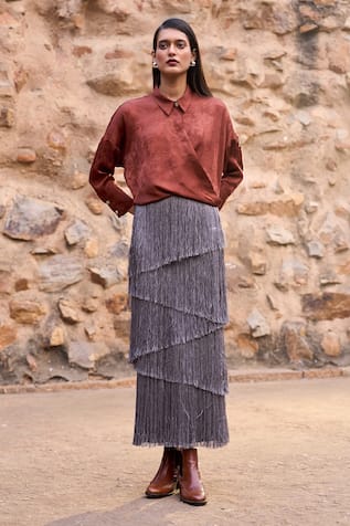 Dash and Dot Grey Cascading Fringe Maxi Skirt 