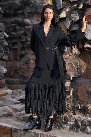 Dash and Dot Black Midi Skirt With Cascading Fringes 