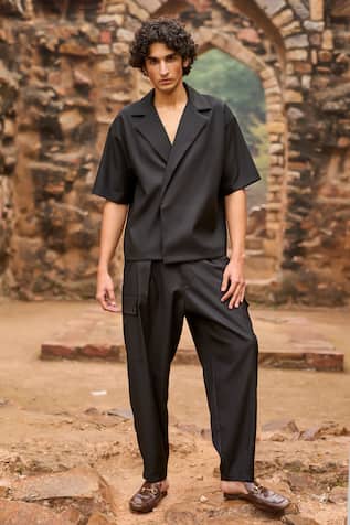 Dash And Dot Solid Black Blazer Style Shirt 