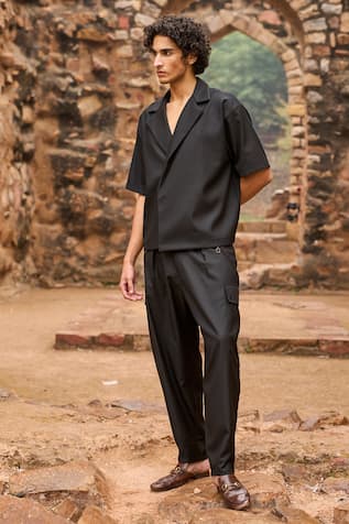 Black Solid Blazer Style Shirt & Pant Set 