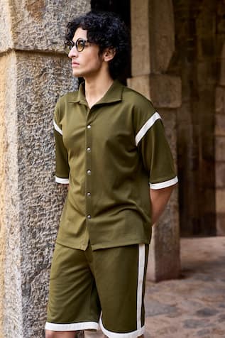 Dash And Dot Olive Green Contrast Stripe Panel Shirt 