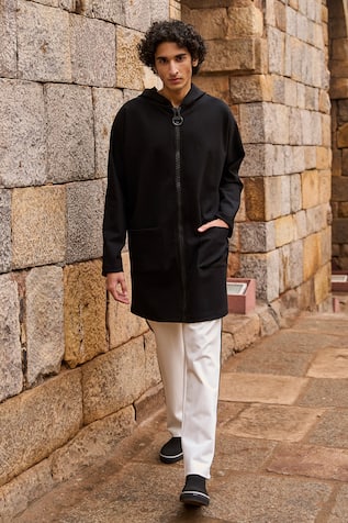 Dash And Dot Black Solid Hoodie & White Contrast Pant Set 