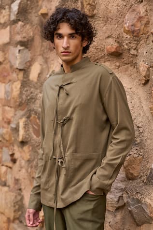 Dash And Dot Olive Green Solid Front Tie Shirt 