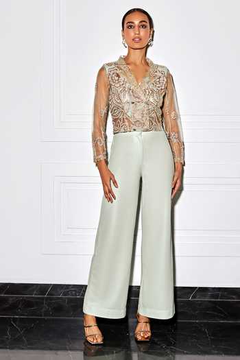Kay Kay Floral Embellished Mesh Blazer & Pant Set 