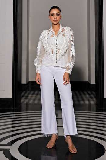 Kay Kay White 3D Floral Embellished Mesh Shirt 