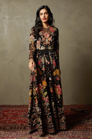 Floral Sequin Embroidered Black Gown 