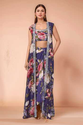Kashmiraa Floral Print Cape Draped Skirt Set 