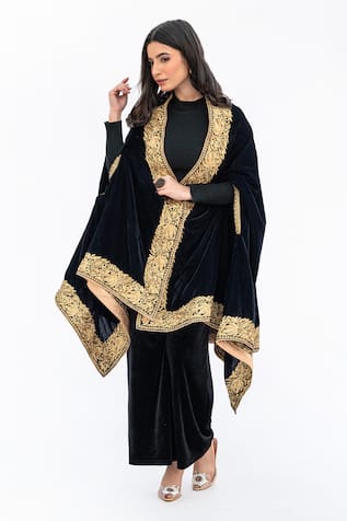 Daljit Sudan Navy Blue Aari Embroidered Velvet Cape 